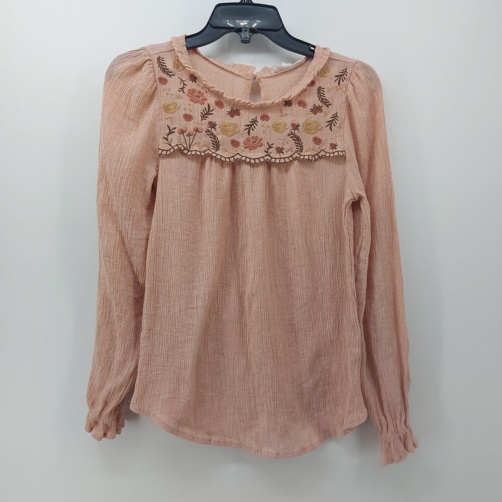 Mine Pink Blouse Ruffle Neck Long Sleeve Size Small Floral